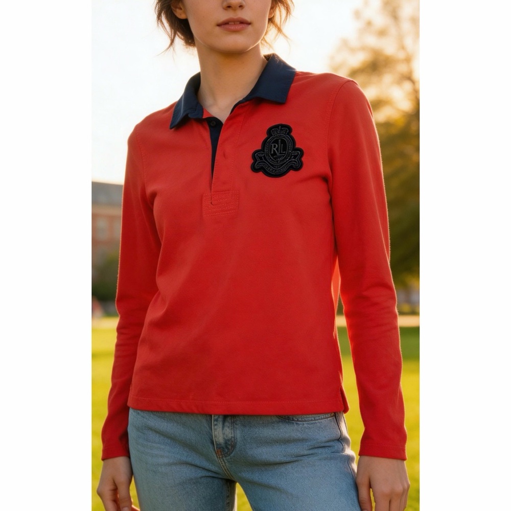 Ralph Lauren Red Long Sleeve Polo Shirt with Beaded Logo ~ Vintage
